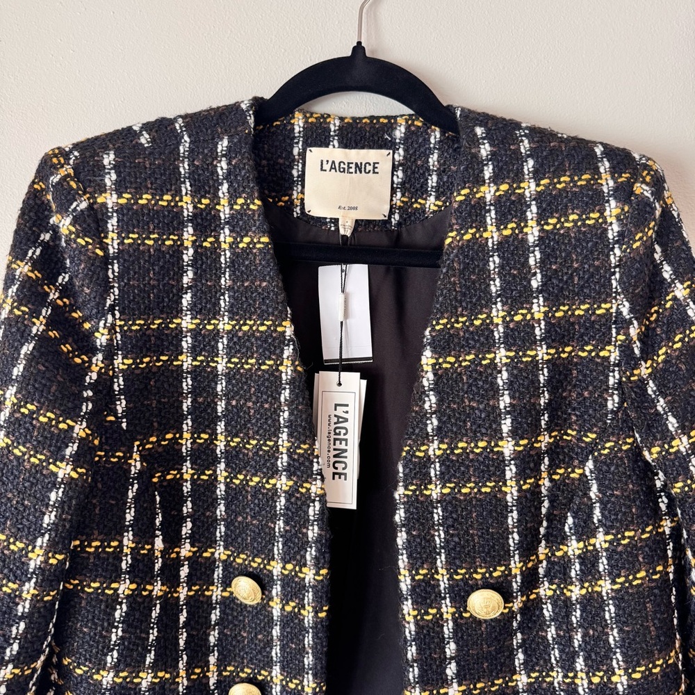 L’AGENCE Belmont Fringe Tweed Jacket Black Yellow Plaid Gold Buttons NWT Size 8 - Picture 5 of 16